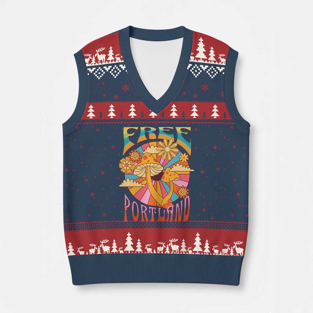 Retro Free Portland Patriotic V-Neck Knit Sweater Vest Oregon Freedom Trippy 70s Mushroom Graphic - Print Your Wear