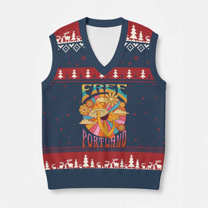 Retro Free Portland Patriotic V-Neck Knit Sweater Vest Oregon Freedom Trippy 70s Mushroom Graphic - Print Your Wear