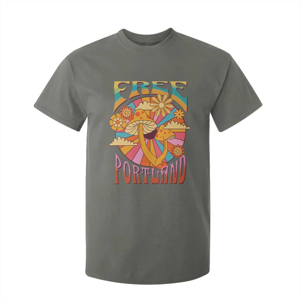 Retro Free Portland Patriotic T Shirt For Kid Oregon Freedom Trippy 70s Mushroom Graphic TS02 Military Green Print Your Wear