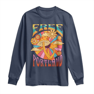 Retro Free Portland Patriotic Long Sleeve Shirt Oregon Freedom Trippy 70s Mushroom Graphic TS02 Navy Print Your Wear