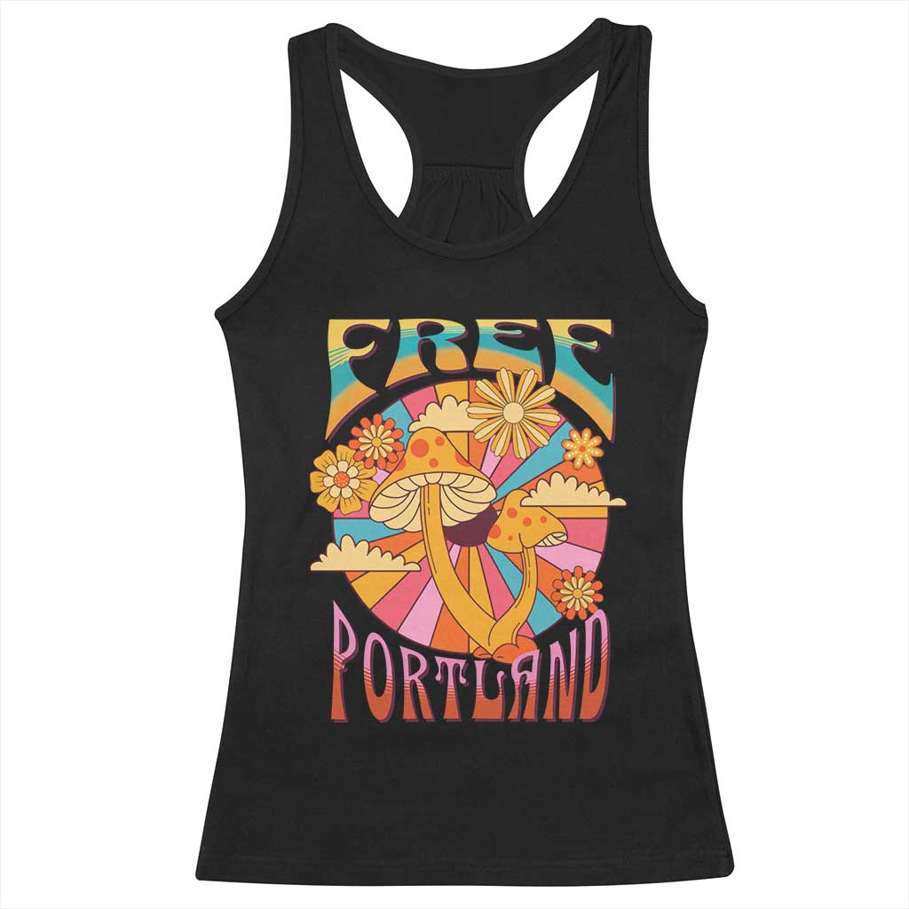 Retro Free Portland Patriotic Racerback Tank Top Oregon Freedom Trippy 70s Mushroom Graphic - Print Your Wear