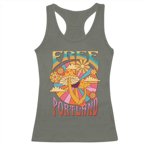 Retro Free Portland Patriotic Racerback Tank Top Oregon Freedom Trippy 70s Mushroom Graphic - Print Your Wear