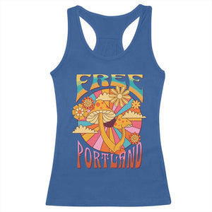 Retro Free Portland Patriotic Racerback Tank Top Oregon Freedom Trippy 70s Mushroom Graphic - Print Your Wear