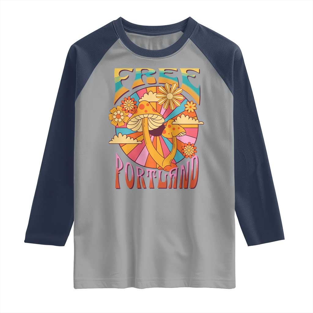 Retro Free Portland Patriotic Raglan Shirt Oregon Freedom Trippy 70s Mushroom Graphic TS02 Sport Gray Navy Print Your Wear