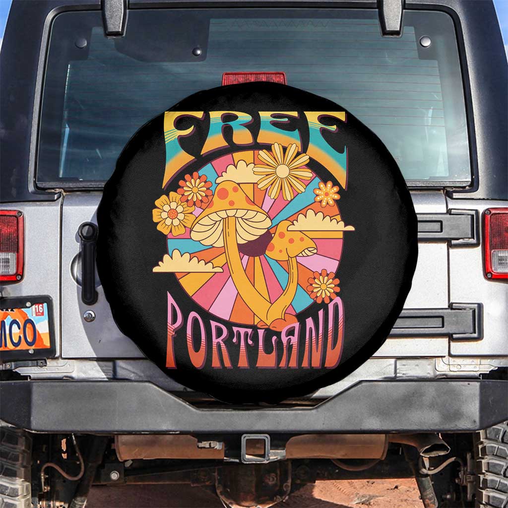 Retro Free Portland Patriotic Spare Tire Cover Oregon Freedom Trippy 70s Mushroom Graphic TS02 No hole Black Print Your Wear