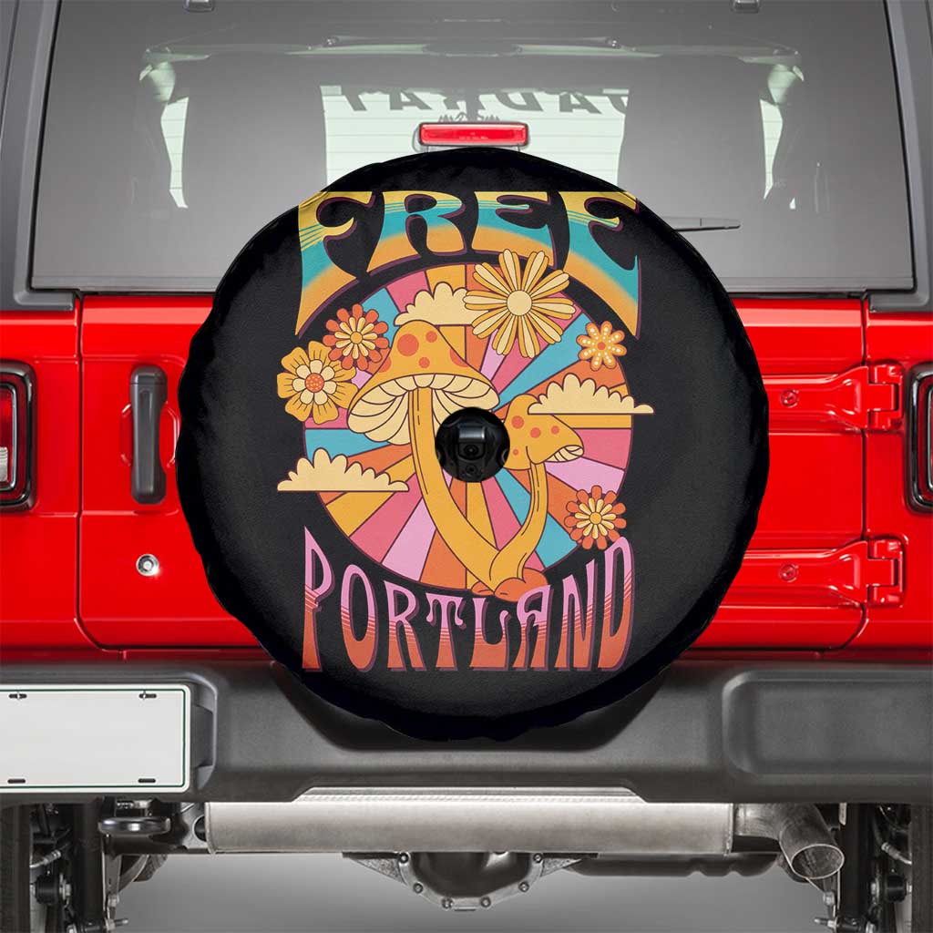 Retro Free Portland Patriotic Spare Tire Cover Oregon Freedom Trippy 70s Mushroom Graphic TS02 Black Print Your Wear