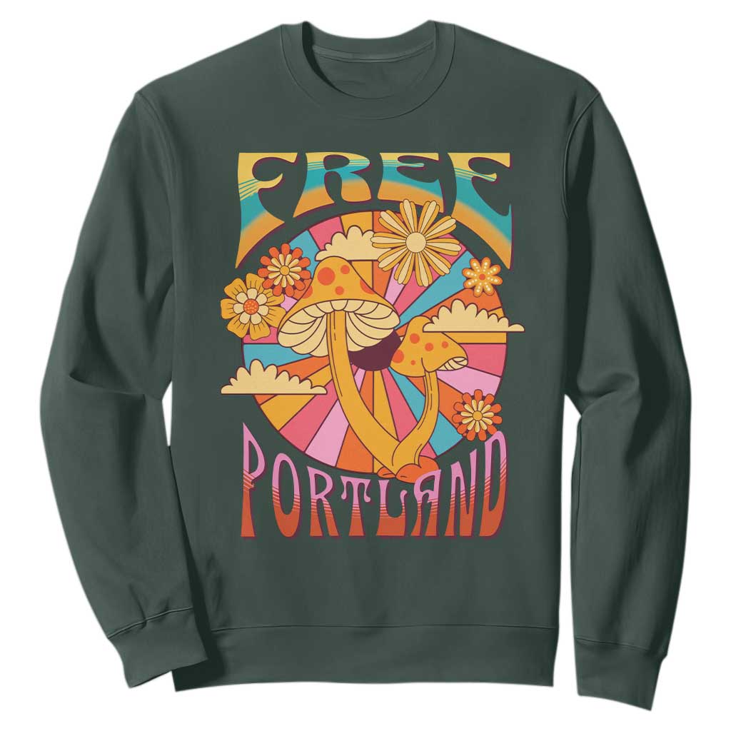 Retro Free Portland Patriotic Sweatshirt Oregon Freedom Trippy 70s Mushroom Graphic TS02 Dark Forest Green Print Your Wear