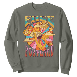 Retro Free Portland Patriotic Sweatshirt Oregon Freedom Trippy 70s Mushroom Graphic TS02 Military Green Print Your Wear