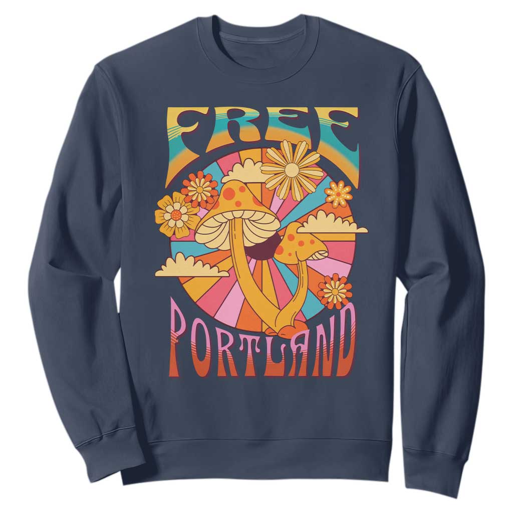 Retro Free Portland Patriotic Sweatshirt Oregon Freedom Trippy 70s Mushroom Graphic TS02 Navy Print Your Wear