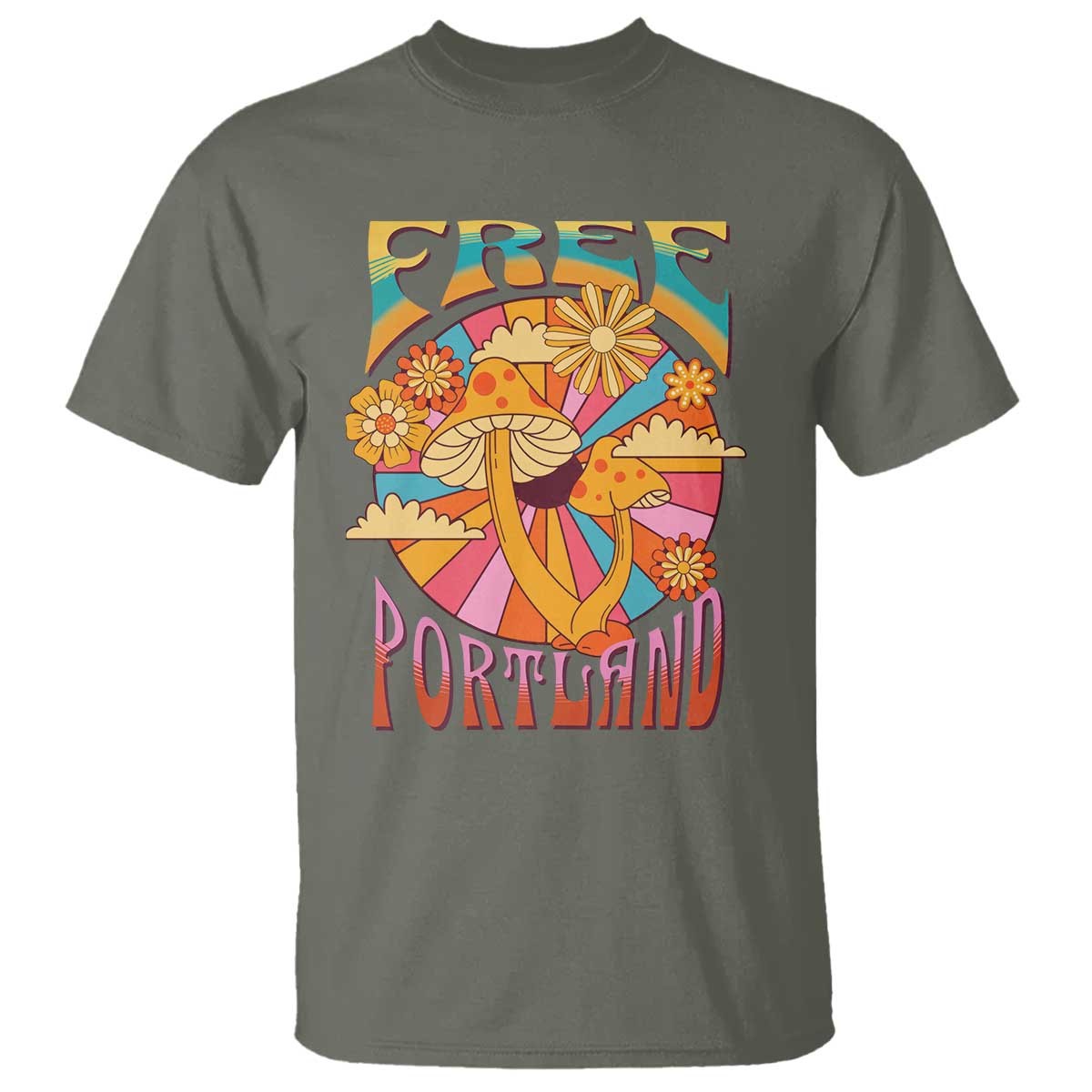 Retro Free Portland Patriotic T Shirt Oregon Freedom Trippy 70s Mushroom Graphic TS02 Military Green Print Your Wear