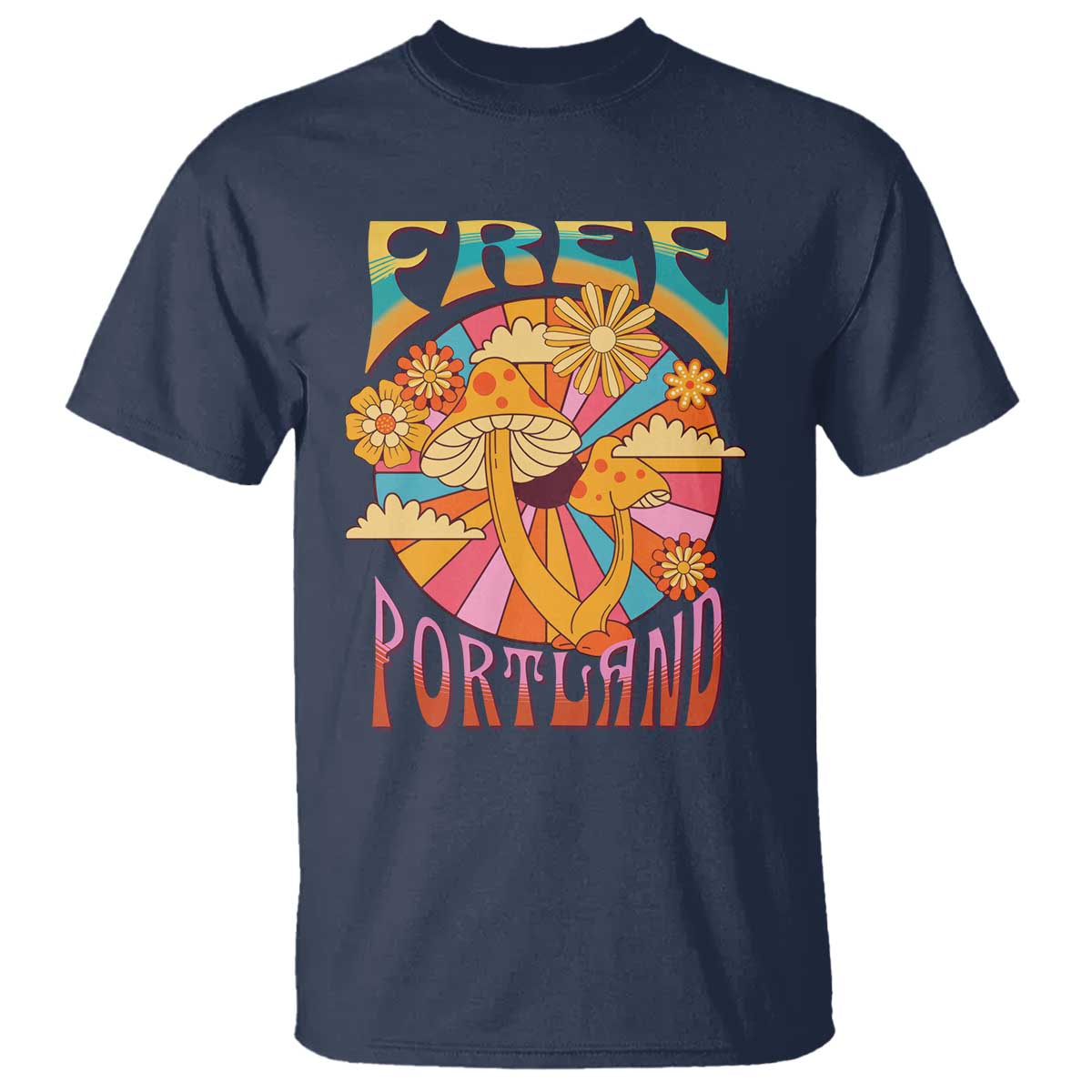 Retro Free Portland Patriotic T Shirt Oregon Freedom Trippy 70s Mushroom Graphic TS02 Navy Print Your Wear