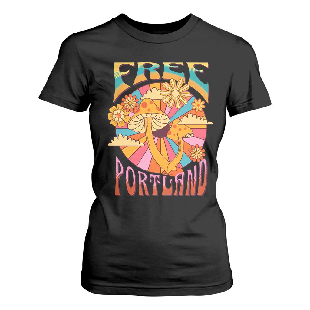 Retro Free Portland Patriotic T Shirt For Women Oregon Freedom Trippy 70s Mushroom Graphic TS02 Black Print Your Wear
