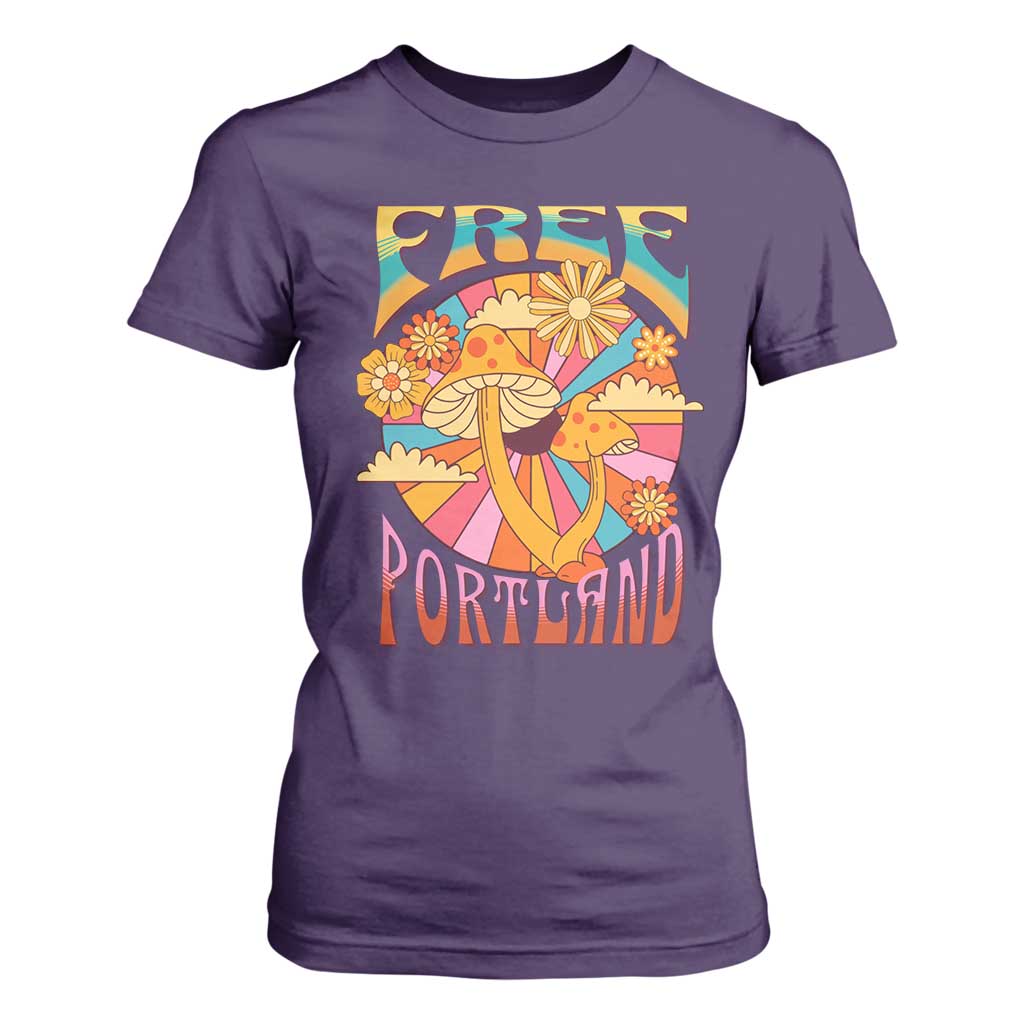 Retro Free Portland Patriotic T Shirt For Women Oregon Freedom Trippy 70s Mushroom Graphic TS02 Purple Print Your Wear