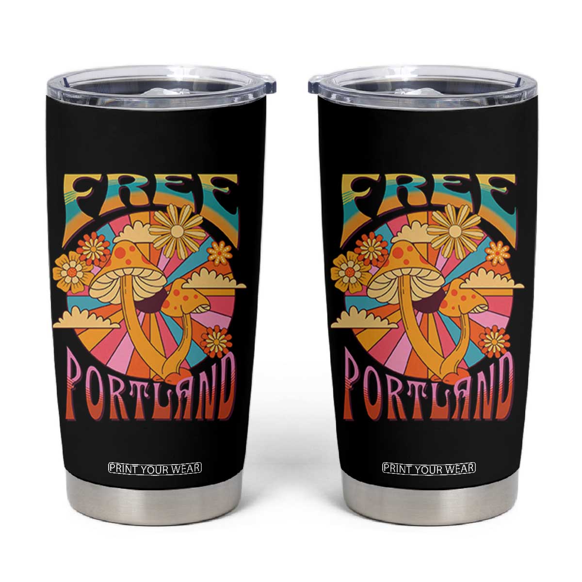 Retro Free Portland Patriotic Tumbler Cup Oregon Freedom Trippy 70s Mushroom Graphic TS02 Black Print Your Wear