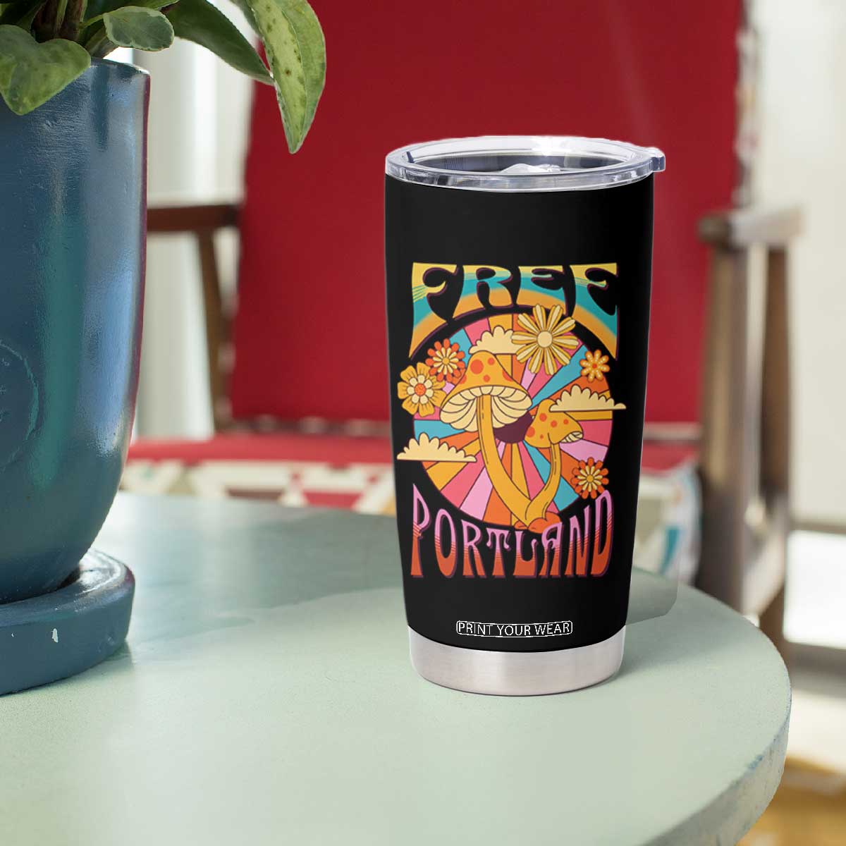 Retro Free Portland Patriotic Tumbler Cup Oregon Freedom Trippy 70s Mushroom Graphic TS02 Print Your Wear