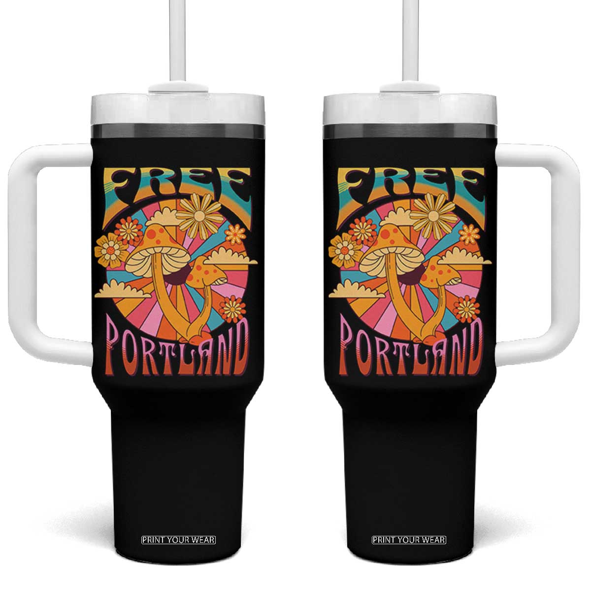Retro Free Portland Patriotic Tumbler With Handle Oregon Freedom Trippy 70s Mushroom Graphic TS02 One Size: 40 oz Black Print Your Wear