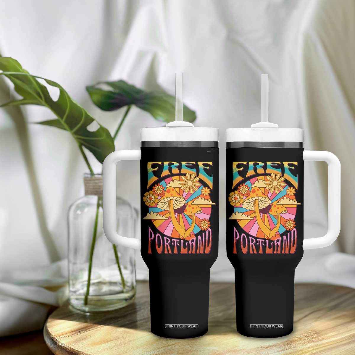 Retro Free Portland Patriotic Tumbler With Handle Oregon Freedom Trippy 70s Mushroom Graphic TS02 Print Your Wear