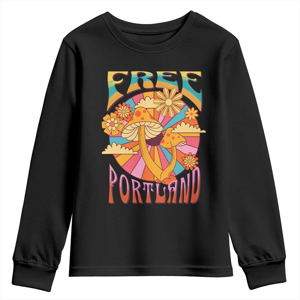 Retro Free Portland Patriotic Youth Sweatshirt Oregon Freedom Trippy 70s Mushroom Graphic TS02 Black Print Your Wear