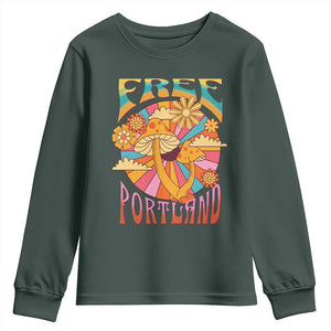 Retro Free Portland Patriotic Youth Sweatshirt Oregon Freedom Trippy 70s Mushroom Graphic TS02 Dark Forest Green Print Your Wear