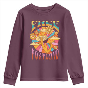 Retro Free Portland Patriotic Youth Sweatshirt Oregon Freedom Trippy 70s Mushroom Graphic TS02 Maroon Print Your Wear