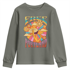 Retro Free Portland Patriotic Youth Sweatshirt Oregon Freedom Trippy 70s Mushroom Graphic TS02 Military Green Print Your Wear