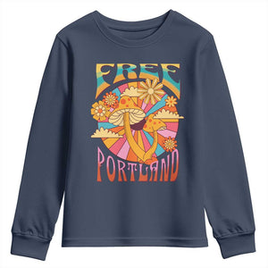 Retro Free Portland Patriotic Youth Sweatshirt Oregon Freedom Trippy 70s Mushroom Graphic TS02 Navy Print Your Wear