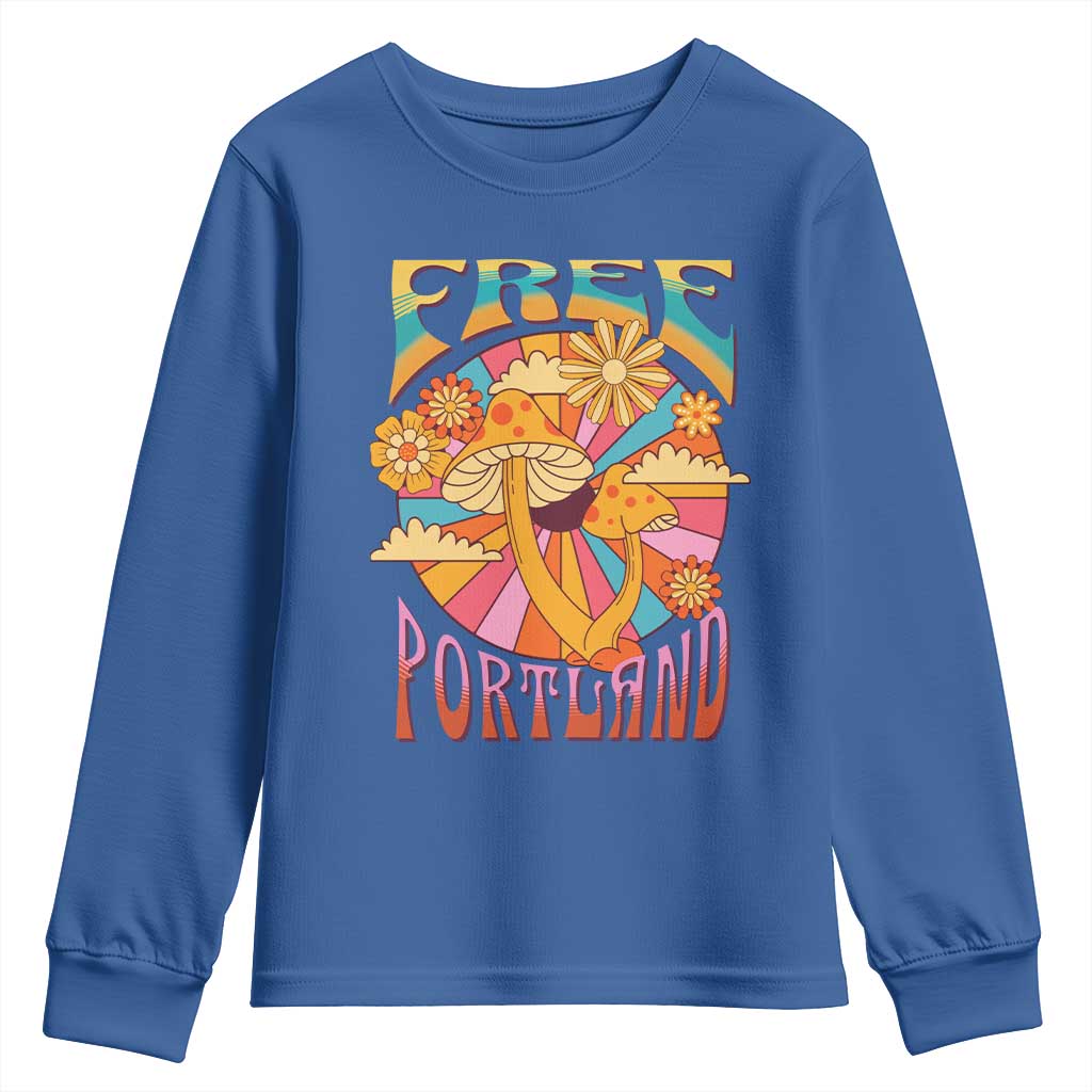 Retro Free Portland Patriotic Youth Sweatshirt Oregon Freedom Trippy 70s Mushroom Graphic TS02 Royal Blue Print Your Wear