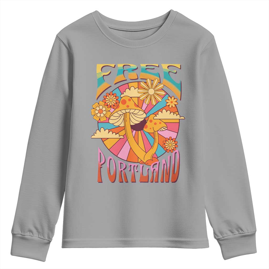 Retro Free Portland Patriotic Youth Sweatshirt Oregon Freedom Trippy 70s Mushroom Graphic TS02 Sport Gray Print Your Wear
