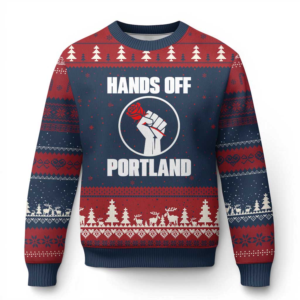 Hands Off Portland Ugly Christmas Sweater Rose Fist Oregon Freedom Fighter TS02 Navy Red Print Your Wear