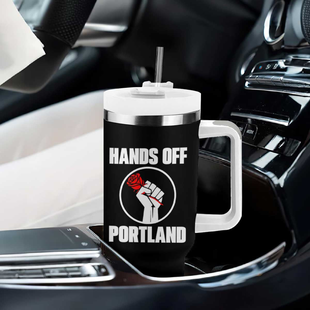 Hands Off Portland Tumbler With Handle Rose Fist Oregon Freedom Fighter TS02 Print Your Wear