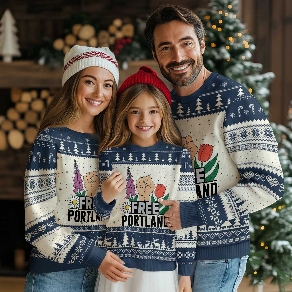 Free Portland Raised Fist Ugly Christmas Sweater Patriotic Oregon Freedom Floral Justice TS02 Beige Navy Print Your Wear