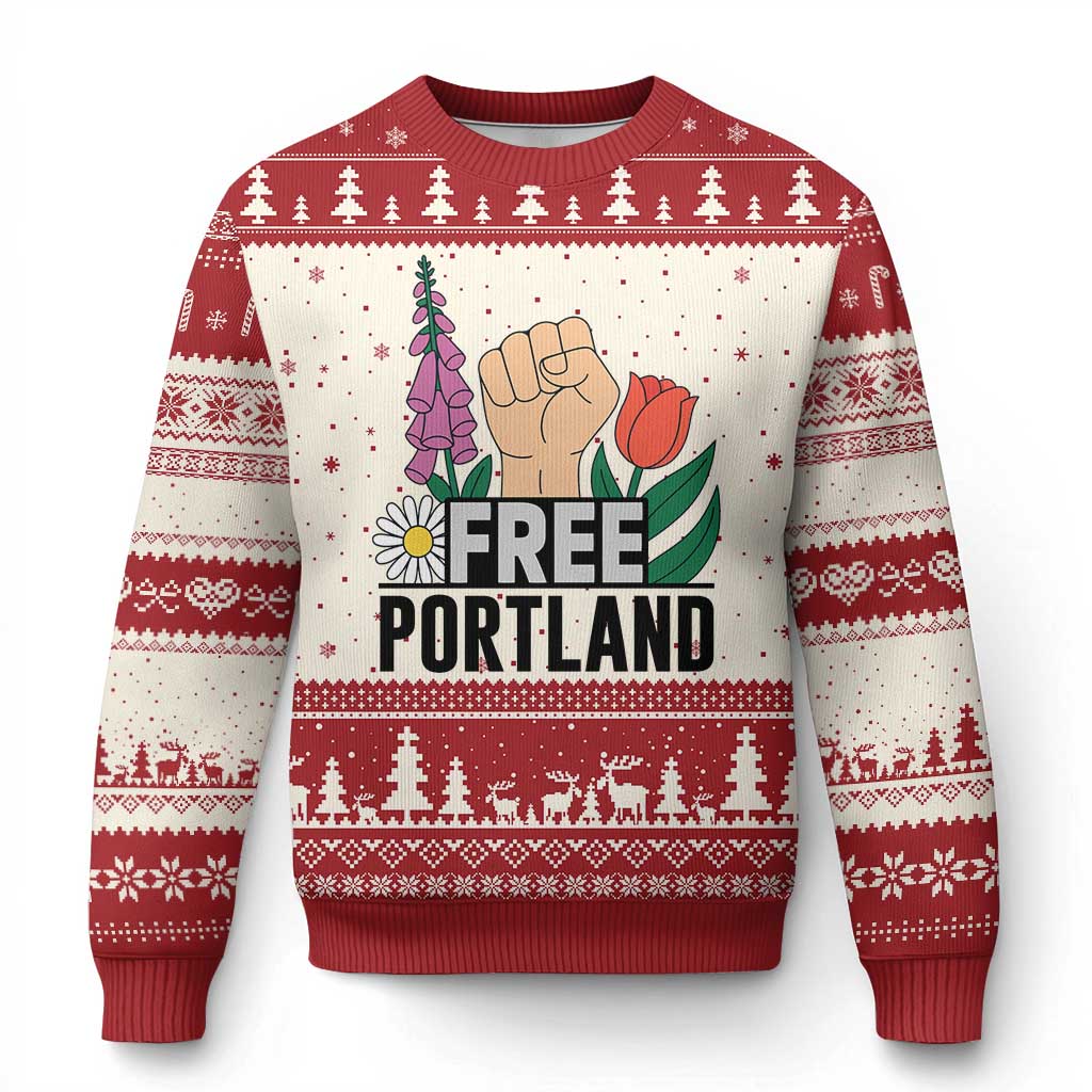 Free Portland Raised Fist Ugly Christmas Sweater Patriotic Oregon Freedom Floral Justice - Print Your Wear