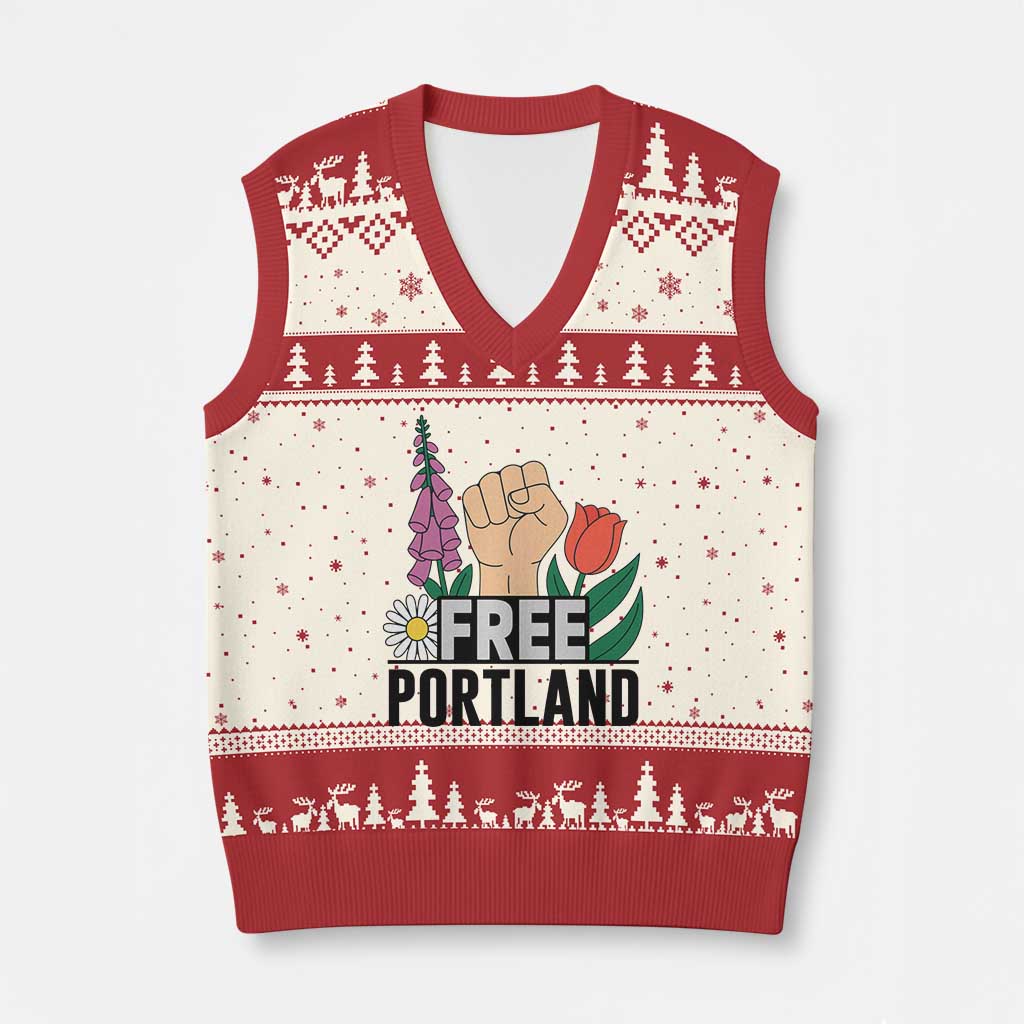 Free Portland Raised Fist V-Neck Knit Sweater Vest Patriotic Oregon Freedom Floral Justice TS02 Beige Red Print Your Wear