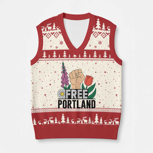 Free Portland Raised Fist V-Neck Knit Sweater Vest Patriotic Oregon Freedom Floral Justice - Print Your Wear