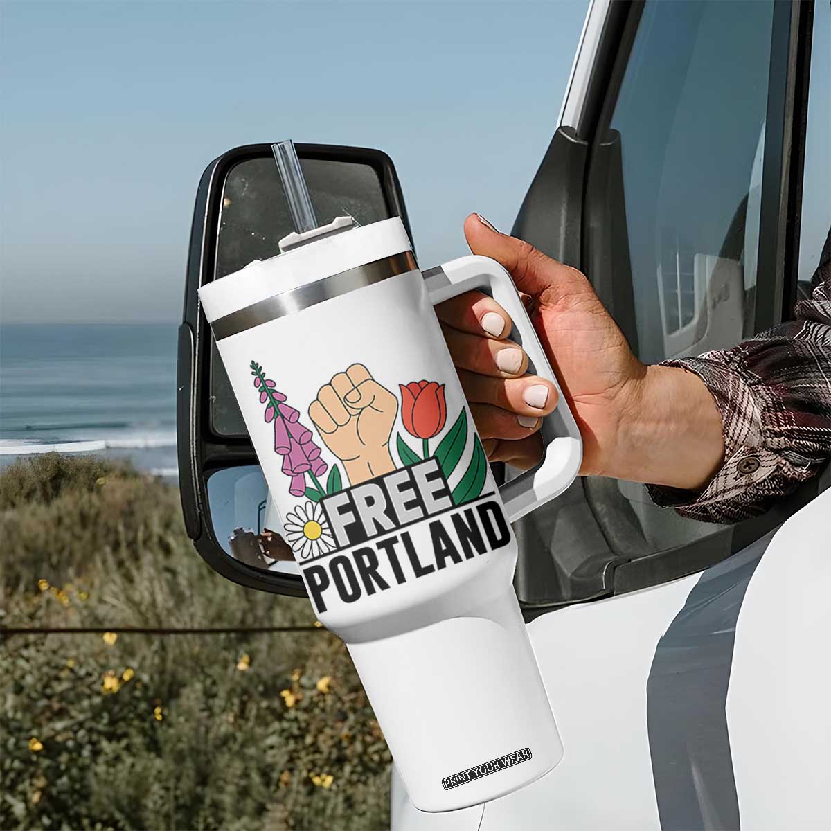 Free Portland Raised Fist Tumbler With Handle Patriotic Oregon Freedom Floral Justice TS02 Print Your Wear