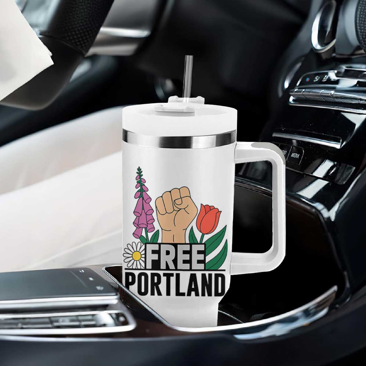 Free Portland Raised Fist Tumbler With Handle Patriotic Oregon Freedom Floral Justice TS02 Print Your Wear