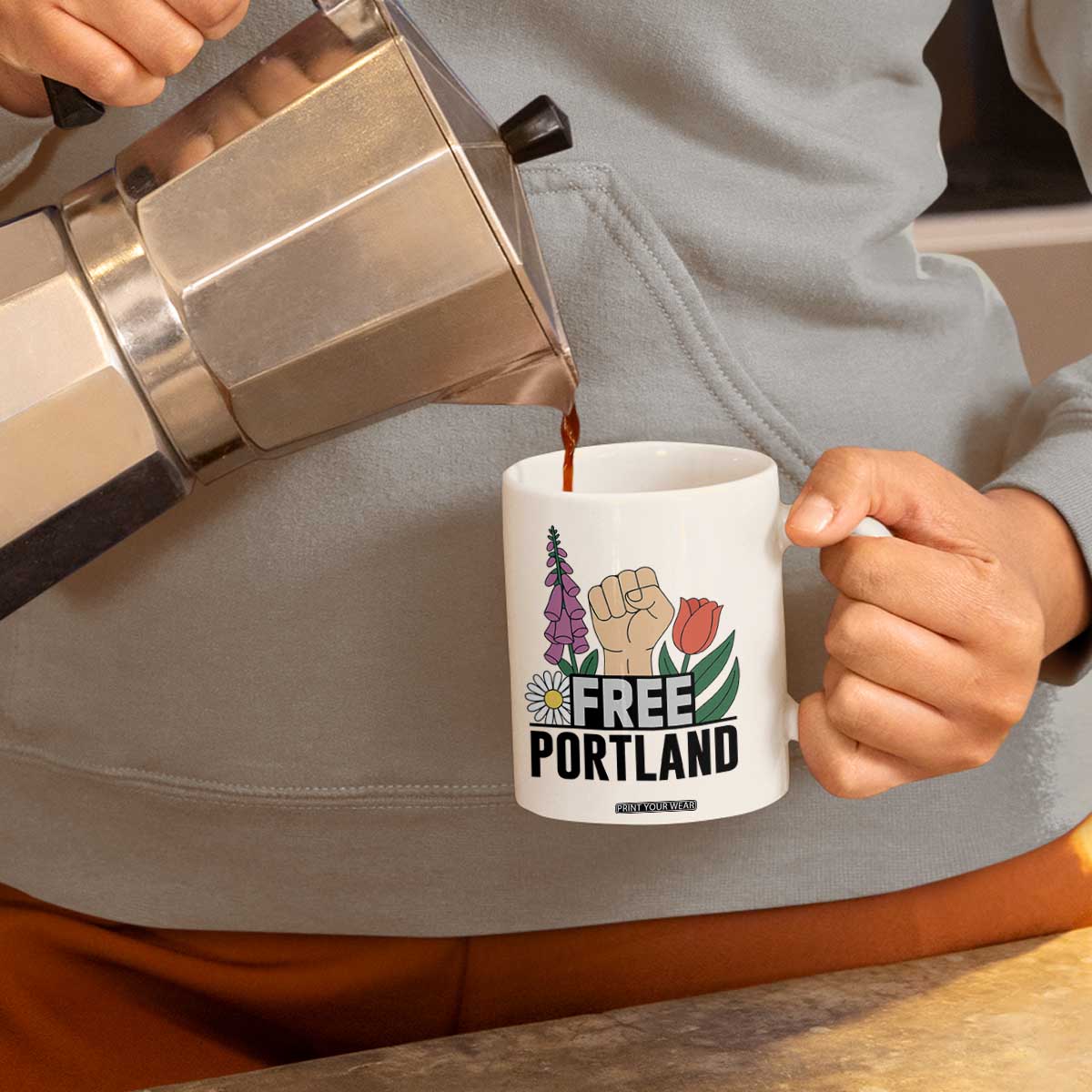Free Portland Raised Fist Coffee Mug Patriotic Oregon Freedom Floral Justice TS02 Print Your Wear