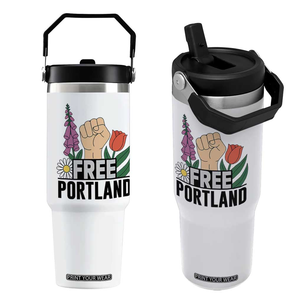 Free Portland Raised Fist Flip Straw Tumbler Patriotic Oregon Freedom Floral Justice TS02 One Size: 30 oz White Print Your Wear