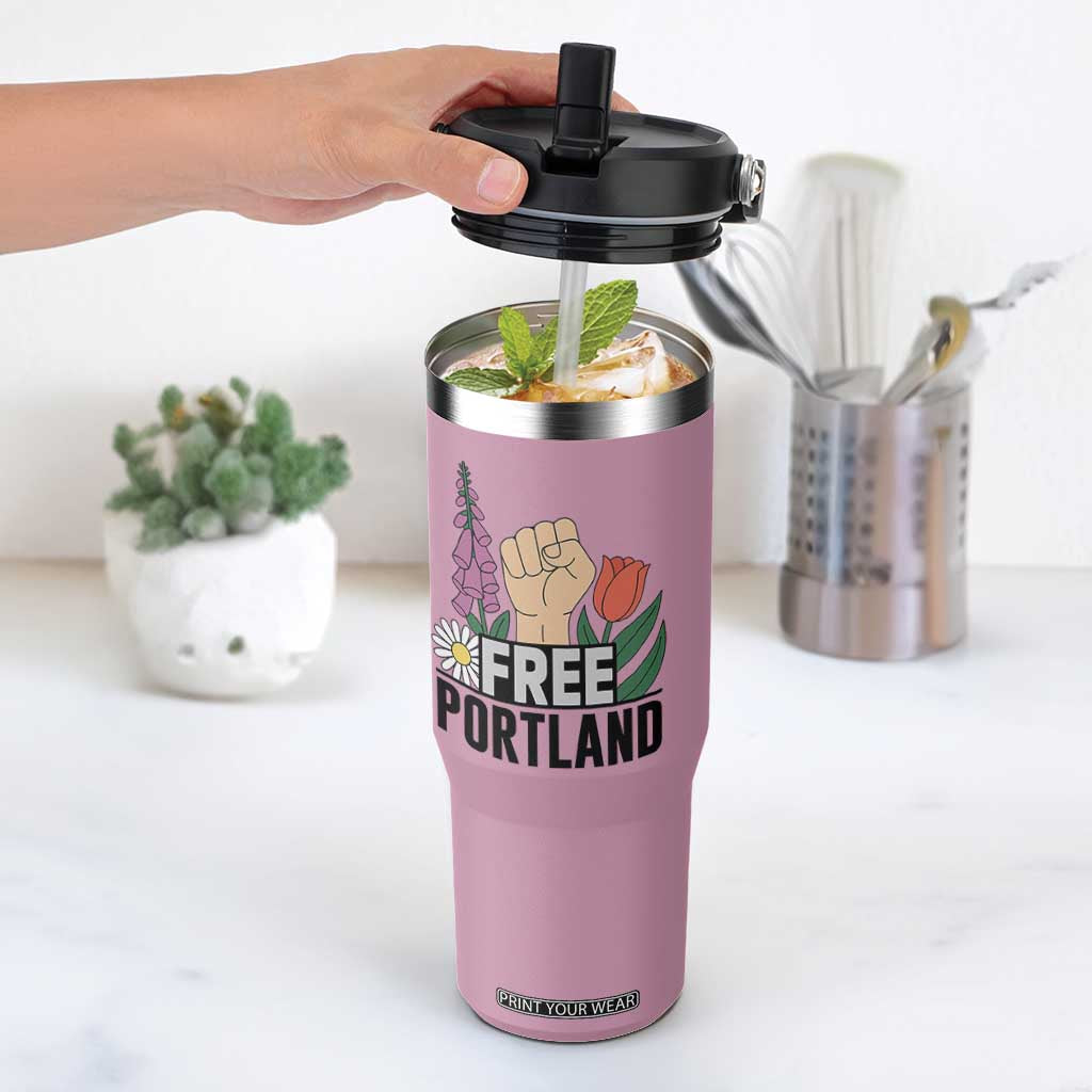 Free Portland Raised Fist Flip Straw Tumbler Patriotic Oregon Freedom Floral Justice TS02 One Size: 30 oz Light Pink Print Your Wear