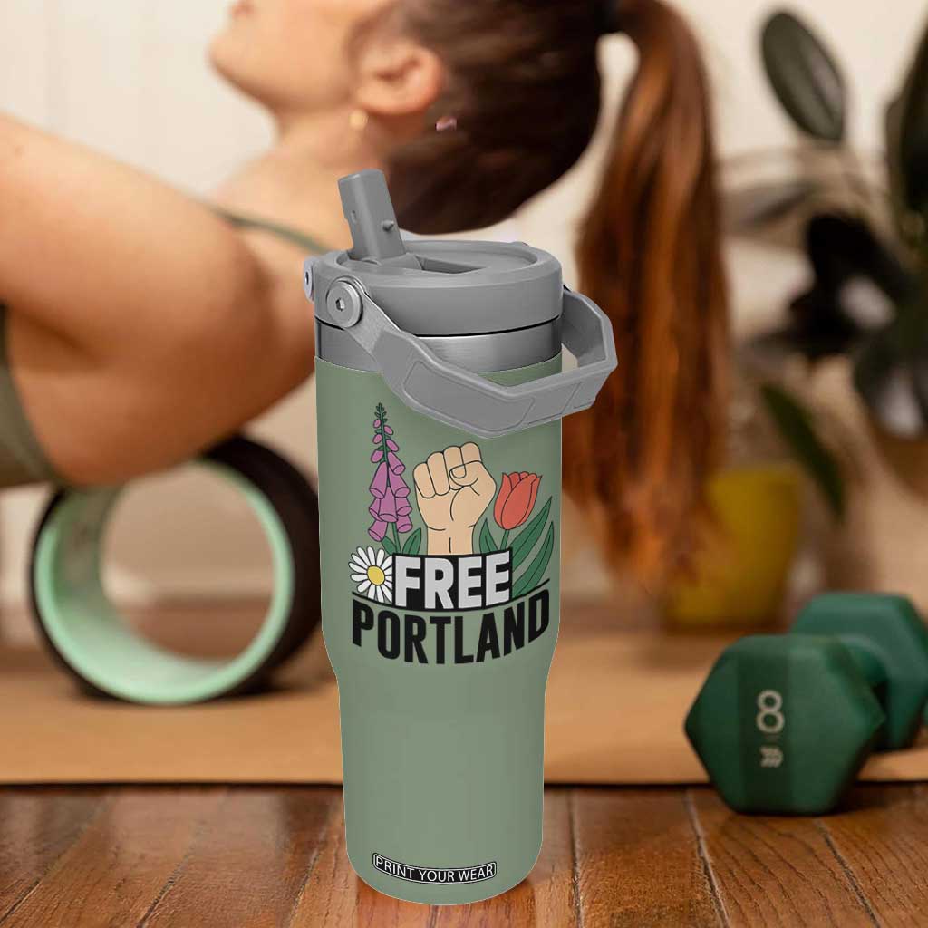 Free Portland Raised Fist Flip Straw Tumbler Patriotic Oregon Freedom Floral Justice TS02 One Size: 30 oz Moss Green Print Your Wear