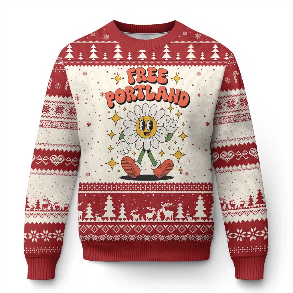 Retro Daisy Free Portland Ugly Christmas Sweater Oregon Freedom Fighter Flower Groovy Graphic TS02 Beige Red Print Your Wear