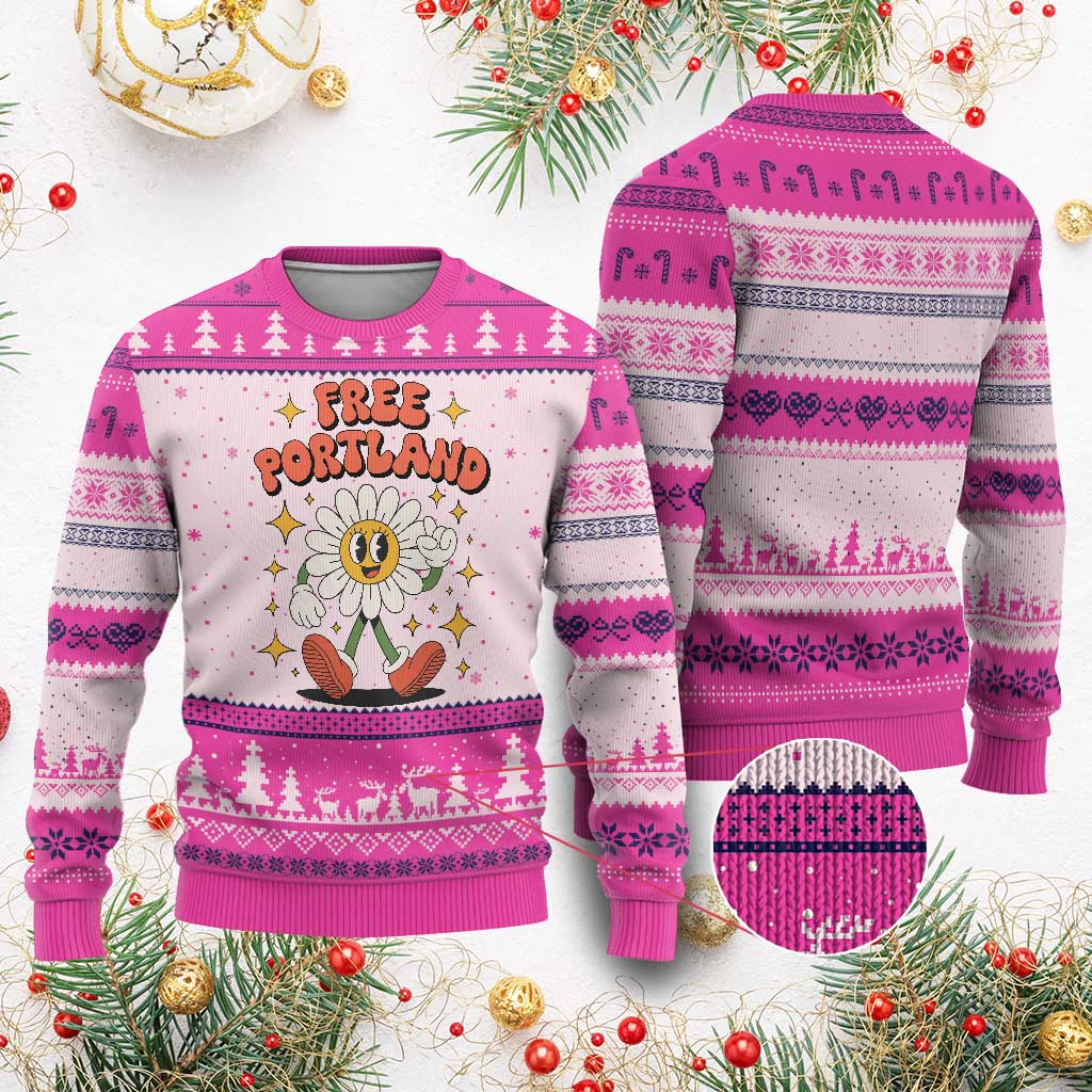 Retro Daisy Free Portland Ugly Christmas Sweater Oregon Freedom Fighter Flower Groovy Graphic TS02 Hot Pink Print Your Wear