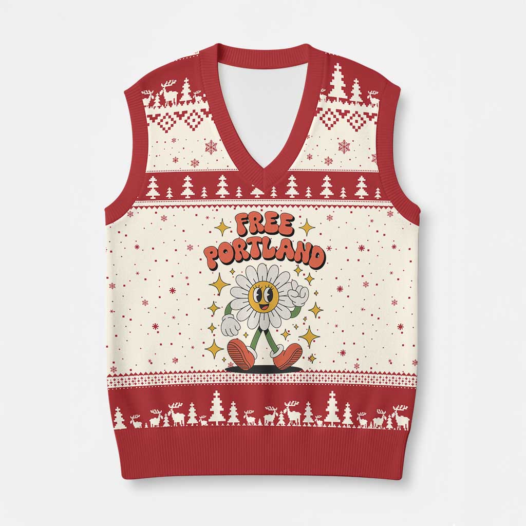 Retro Daisy Free Portland V-Neck Knit Sweater Vest Oregon Freedom Fighter Flower Groovy Graphic - Print Your Wear
