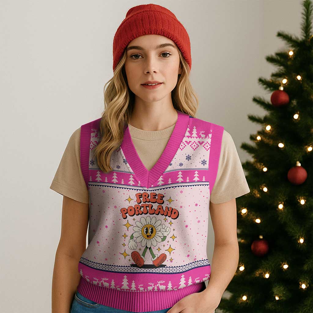 Retro Daisy Free Portland V-Neck Knit Sweater Vest Oregon Freedom Fighter Flower Groovy Graphic TS02 Hot Pink Print Your Wear