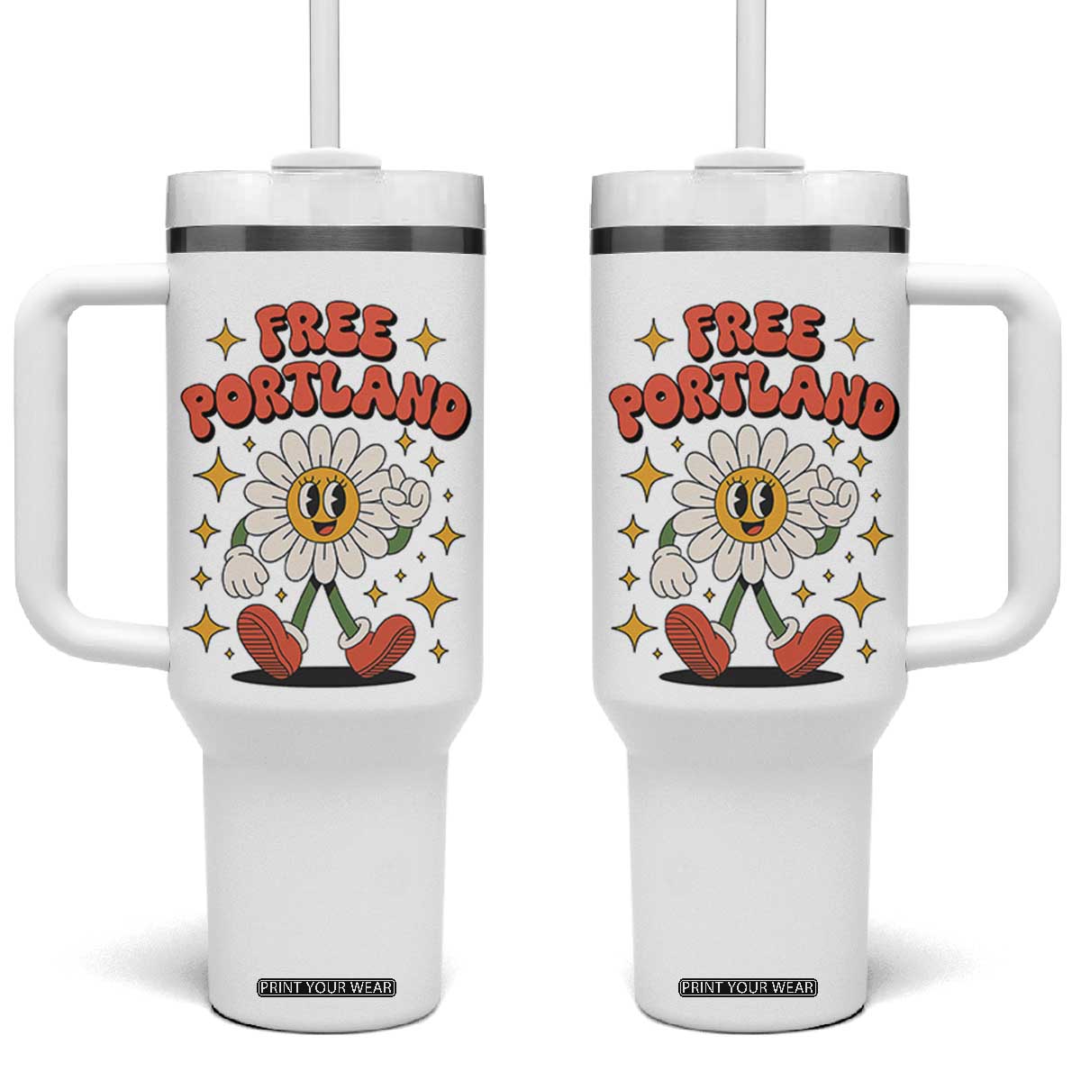 Retro Daisy Free Portland Tumbler With Handle Oregon Freedom Fighter Flower Groovy Graphic TS02 One Size: 40 oz White Print Your Wear