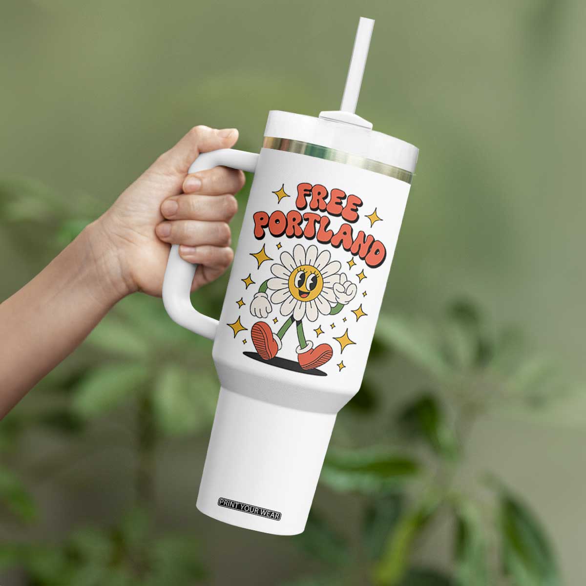 Retro Daisy Free Portland Tumbler With Handle Oregon Freedom Fighter Flower Groovy Graphic TS02 Print Your Wear