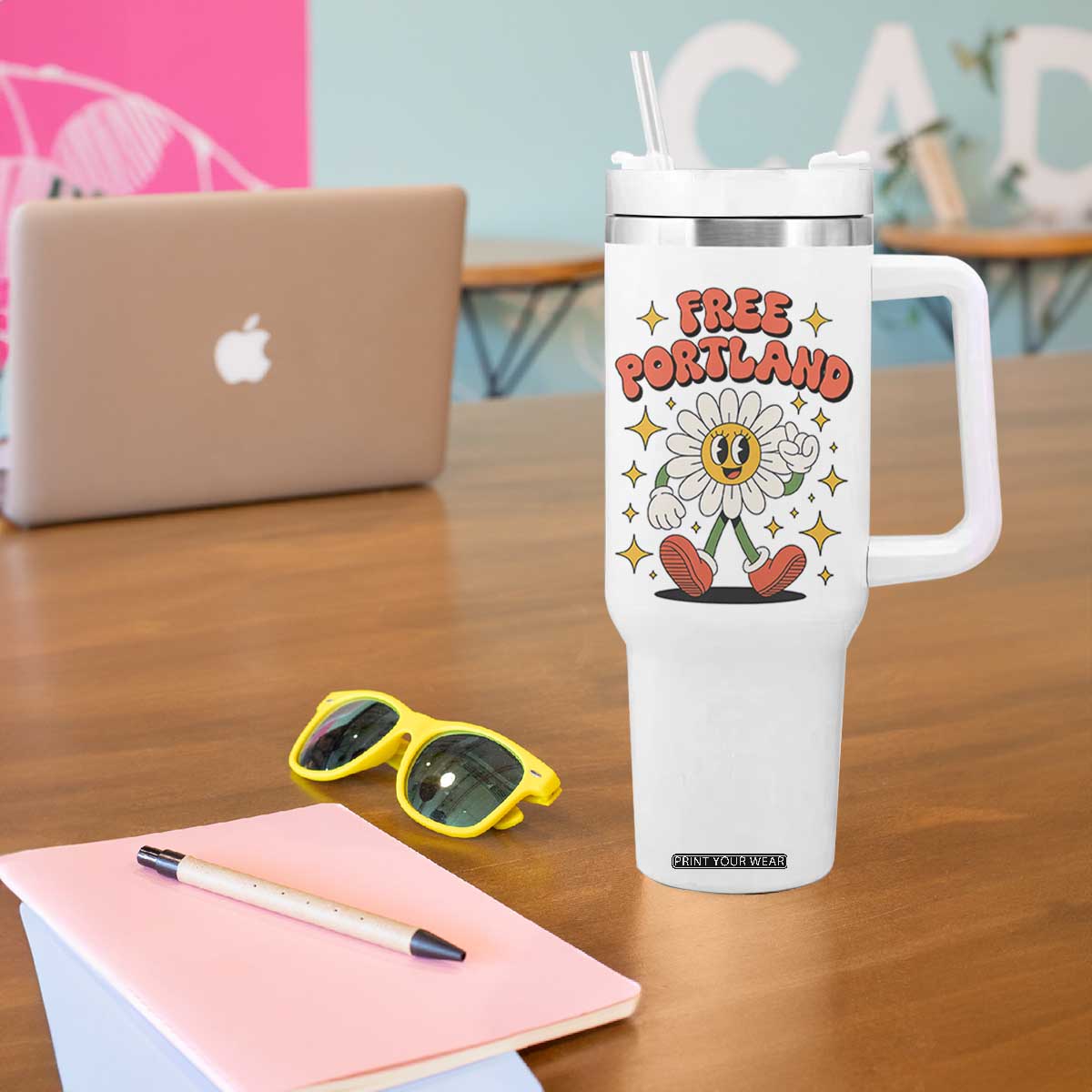 Retro Daisy Free Portland Tumbler With Handle Oregon Freedom Fighter Flower Groovy Graphic TS02 Print Your Wear