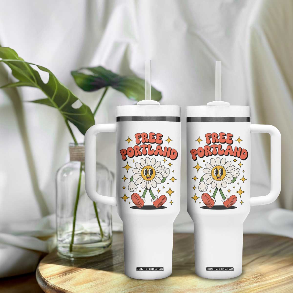 Retro Daisy Free Portland Tumbler With Handle Oregon Freedom Fighter Flower Groovy Graphic TS02 Print Your Wear