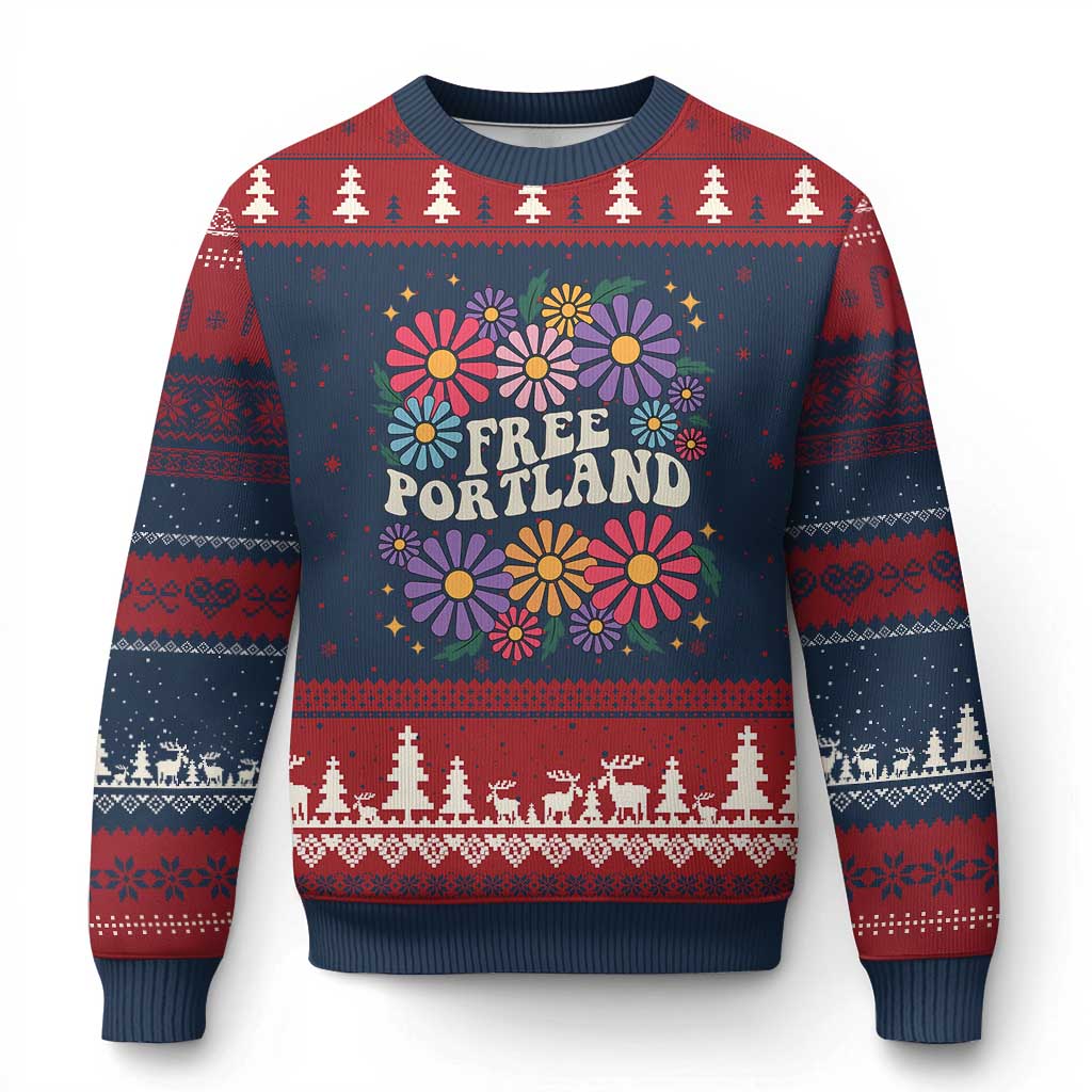 Retro Groovy Free Portland Ugly Christmas Sweater Oregon Freedom Fighter Peaceful Hippie 70s Style - Print Your Wear