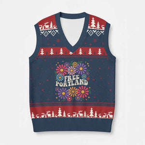 Retro Groovy Free Portland V-Neck Knit Sweater Vest Oregon Freedom Fighter Peaceful Hippie 70s Style - Print Your Wear